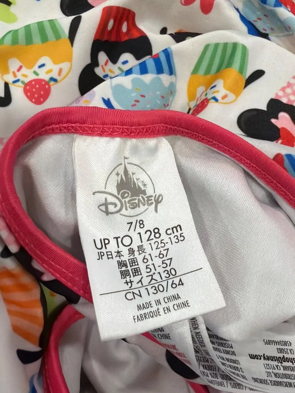 Disney Store Girls Minnie Mouse Cupcake Print One-Piece Swimsuit With Pink Trim
